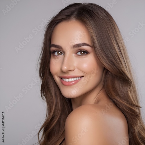 Pretty european beauty woman  long hair with makeup glowing face and healthy facial skin portrait smile on isolated white background