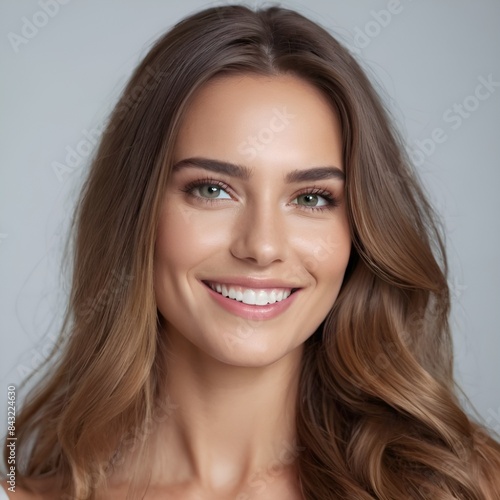 Pretty european beauty woman  long hair with makeup glowing face and healthy facial skin portrait smile on isolated white background