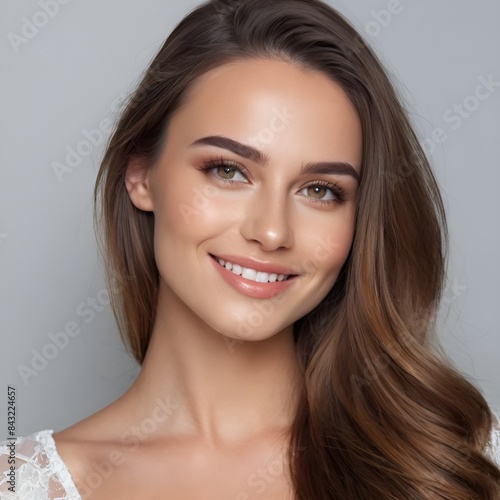 Pretty european beauty woman  long hair with makeup glowing face and healthy facial skin portrait smile on isolated white background
