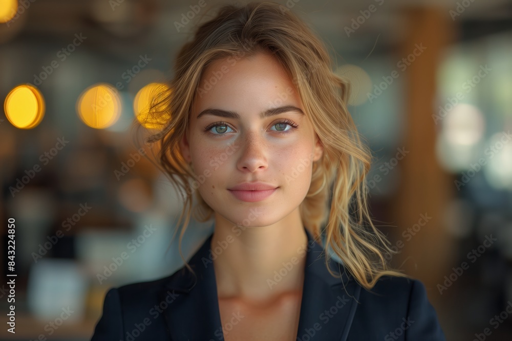 A portrait of a professional woman in a suit, standing in an office setting, with a confident expression A portrait of a professional woman in a suit, standing in an office setting, with a confident expression