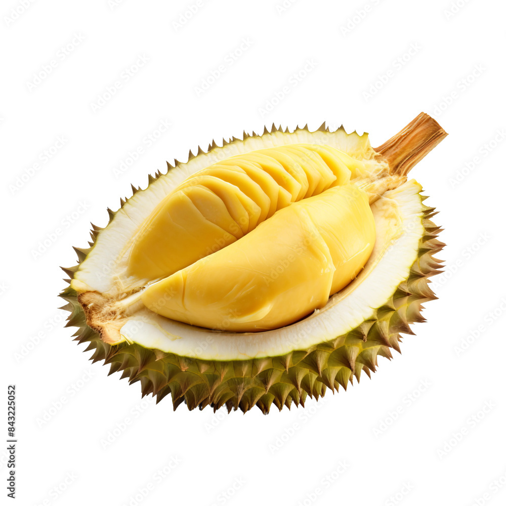 single cut open durian fruit piece on an isolated white background single cut open durian fruit piece on an isolated white background