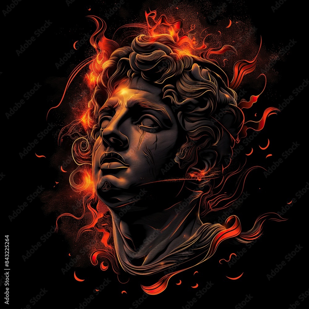 Artistic illustration of roman head statue engulfed by flames isolated in black background Artistic illustration of roman head statue engulfed by flames isolated in black background