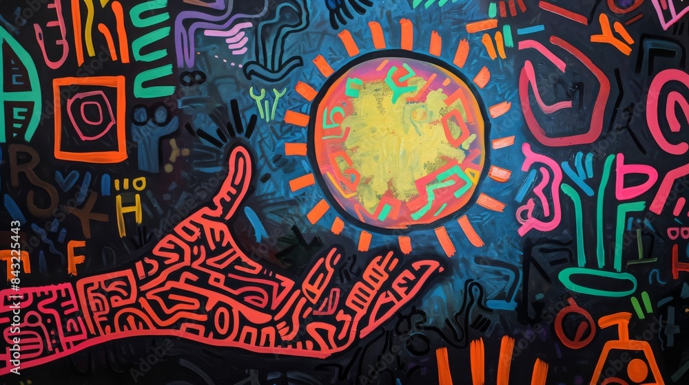 Fototapeta premium Colorful hand reaching for the sun: an abstract graffiti art
