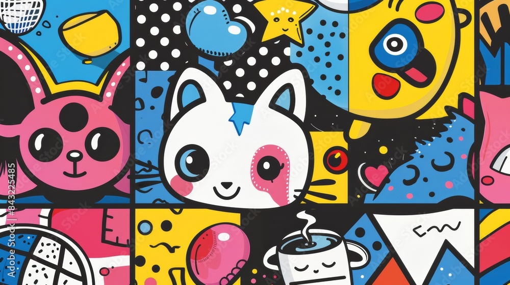 Colorful kawaii pattern with cat and rabbit faces for kids and design projects