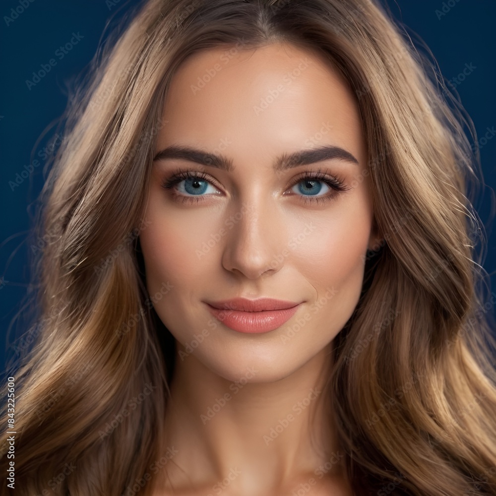 Pretty european beauty woman long hair with makeup glowing face and healthy facial skin portrait smile on isolated dark blue background Pretty european beauty woman long hair with makeup glowing face and healthy facial skin portrait smile on isolated dark blue background