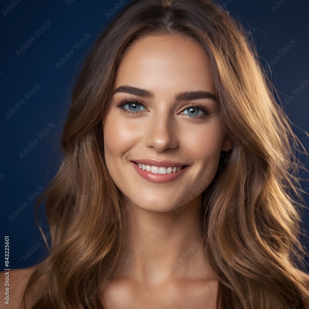 Pretty european beauty woman long hair with makeup glowing face and healthy facial skin portrait smile on isolated dark blue background Pretty european beauty woman long hair with makeup glowing face and healthy facial skin portrait smile on isolated dark blue background