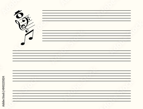 Musical notes blank sheet with abstract man made of music symbols. Black lines on white background. Editable stroke vector illustration.