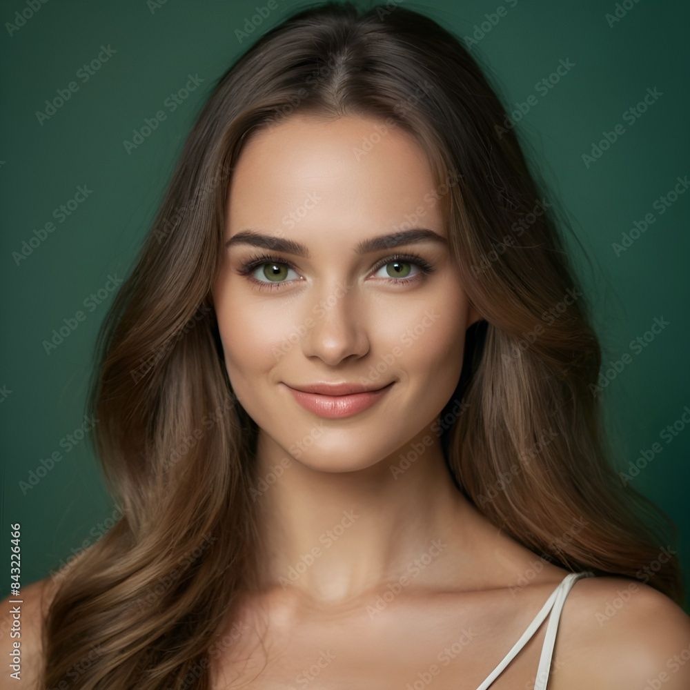 Pretty european beauty woman long hair with makeup glowing face and healthy facial skin portrait smile on isolated dark green background Pretty european beauty woman long hair with makeup glowing face and healthy facial skin portrait smile on isolated dark green background