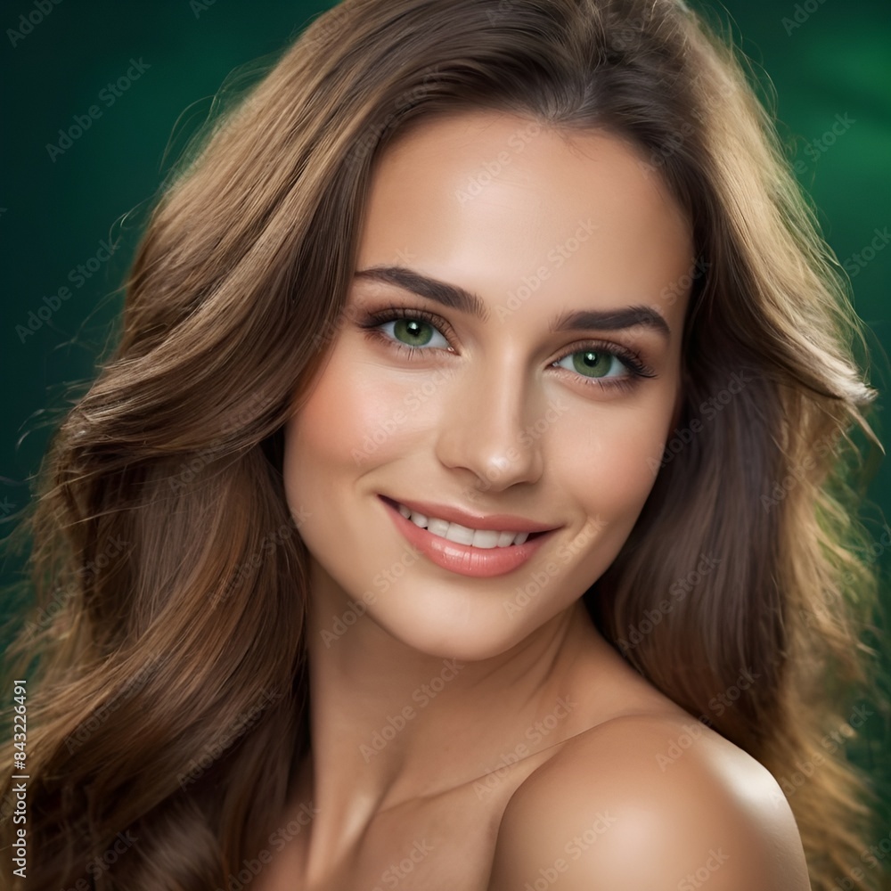 Pretty european beauty woman long hair with makeup glowing face and healthy facial skin portrait smile on isolated dark green background Pretty european beauty woman long hair with makeup glowing face and healthy facial skin portrait smile on isolated dark green background