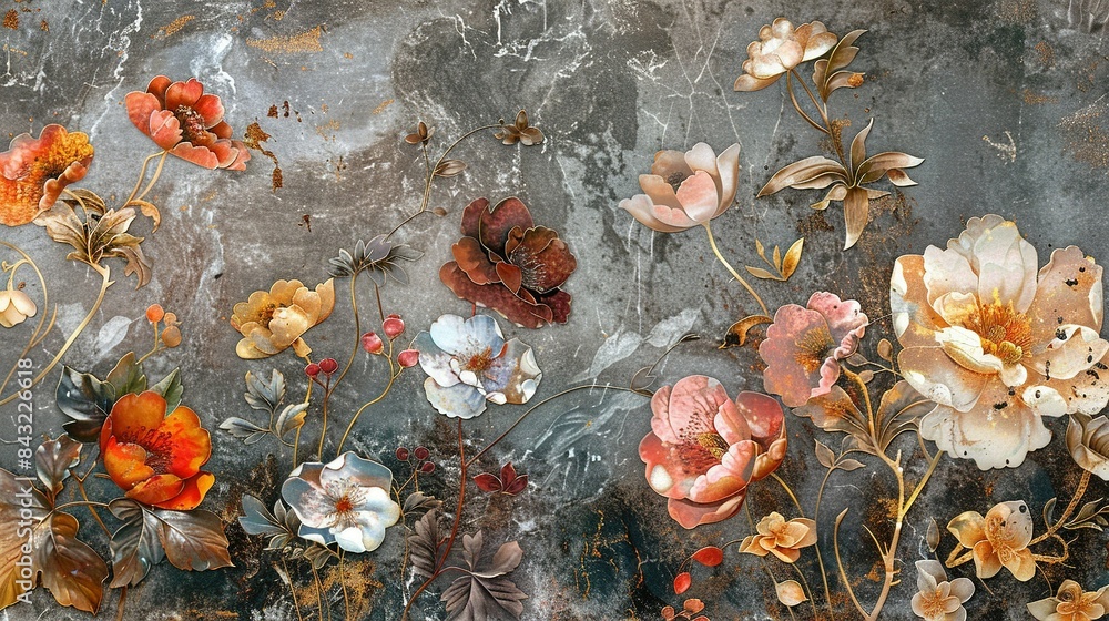 Flower Design Panels on Marble Background: Artistic Wall Decoration Flower Design Panels on Marble Background: Artistic Wall Decoration