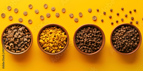 Assortment of beans, seeds, legumes plates on yellow background