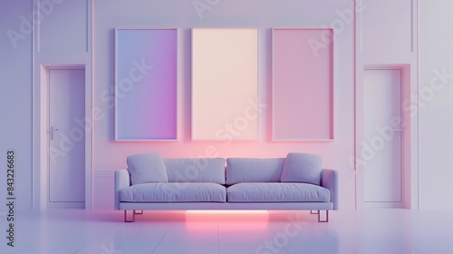 sleek interior with sofa set and decoration with the frames on the wall isolated  and lamp set ted on the white background with bedroom and table