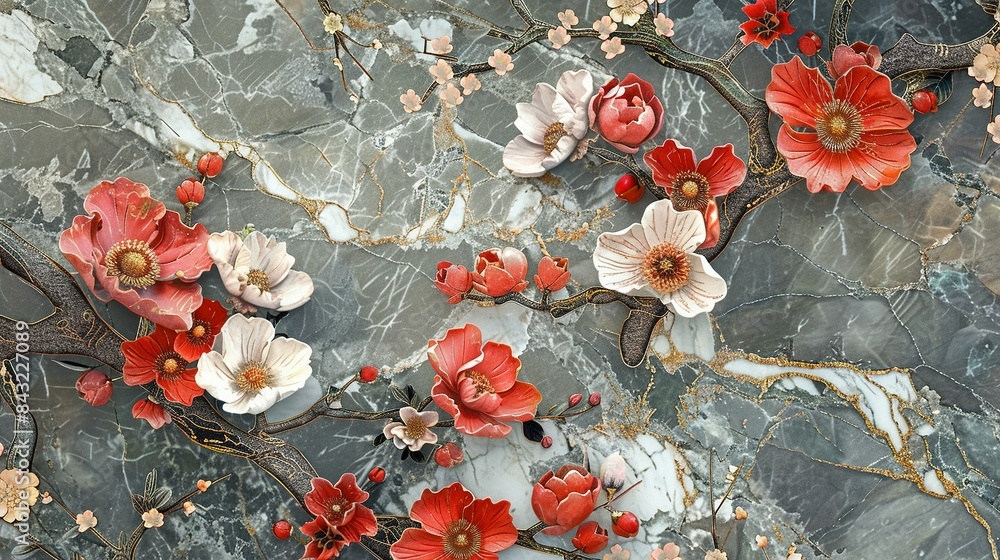 Naklejka premium Wall Panels with Marble Background and Floral Art Designs