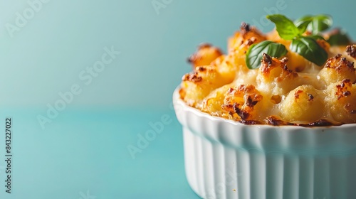 Close-up of baked mac and cheese topped with fresh basil in a white ramekin against a light blue background.