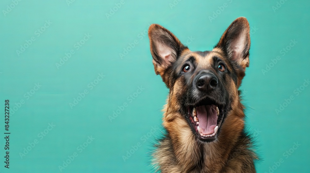 Happy German Shepherd dog with ears perked up sitting against a bright teal background, looking excited and cheerful. Happy German Shepherd dog with ears perked up sitting against a bright teal background, looking excited and cheerful.