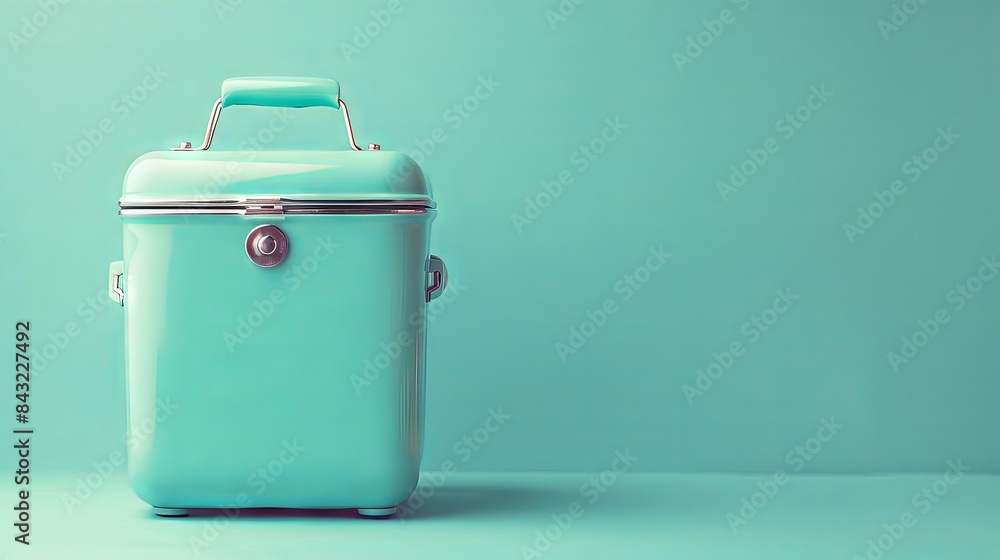 Retro-style turquoise cooler with handle against a turquoise background. Perfect for travel, camping, or picnic scenes. Vintage and stylish. Retro-style turquoise cooler with handle against a turquoise background. Perfect for travel, camping, or picnic scenes. Vintage and stylish.