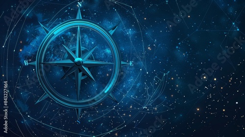 Compass on a starry night sky for travel and navigation themed designs