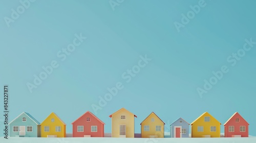 Colorful houses in a row on a blue background, in the style of paper cut, 3D rendering © djmaxx24
