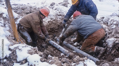 Workers carefully burying the underground piping and ensuring proper insulation to prevent any winter damage.