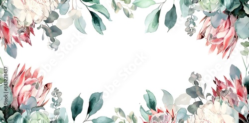 Watercolor hand draw floral frame with green eucalyptus leaves and red protea rose flowers, wedding invitation card border design, mock up of floral elements, botanic watercolor illustration. Template