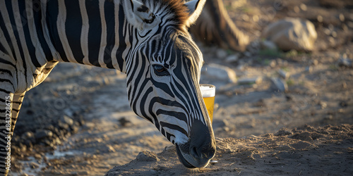  a zebra drinking from a beer mug. It's a humorous and surreal scene.