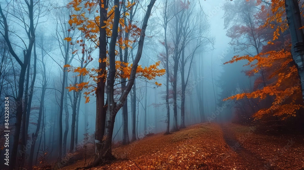 Foggy forest scene in autumn Foggy forest scene in autumn
