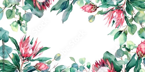 Watercolor hand draw floral frame with green eucalyptus leaves and red protea rose flowers, wedding invitation card border design, mock up of floral elements, botanic watercolor illustration. Template