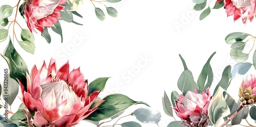 Watercolor hand draw floral frame with green eucalyptus leaves and red protea rose flowers, wedding invitation card border design, mock up of floral elements, botanic watercolor illustration. Template