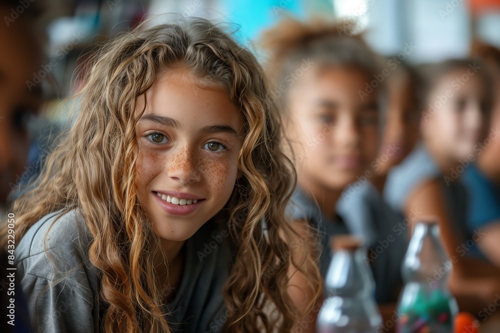 Obraz premium A young student smiles as she works on a creative project in a classroom with her peers