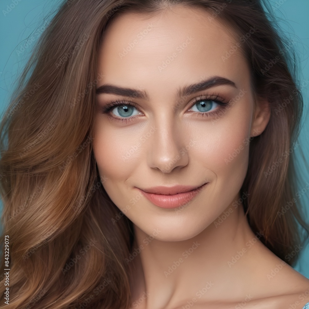 Pretty european beauty woman long hair with makeup glowing face and healthy facial skin portrait smile on isolated light blue background Pretty european beauty woman long hair with makeup glowing face and healthy facial skin portrait smile on isolated light blue background