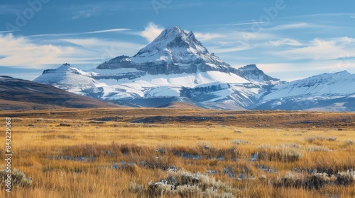 View of a snowy meadow with rocky mountain peaks in the background.