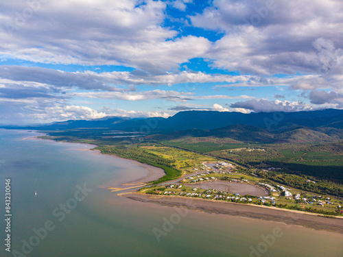 aerial drone panorama of cardwell and hinchinbrook island, unique tropical island in north queensland, australia