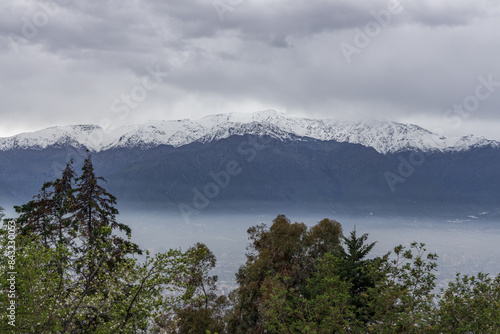 Obraz na płótnie A freezing day high in the Andes Mountains in Chile, with mountains covered in snow. w salonie