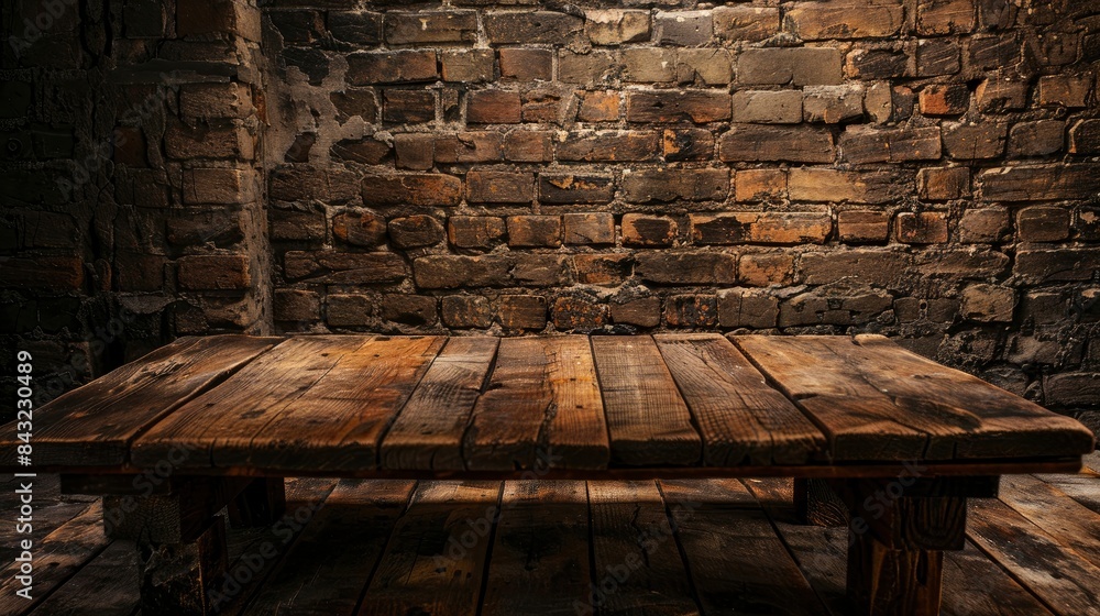 Old wooden table with brick background dark, generative ai Old wooden table with brick background dark, generative ai