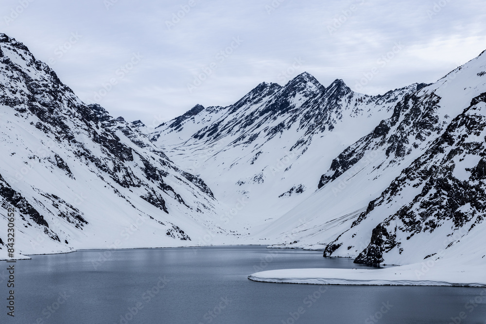 landscape on a freezing day to the Laguna Del Inca lake in the Andes of Chile.