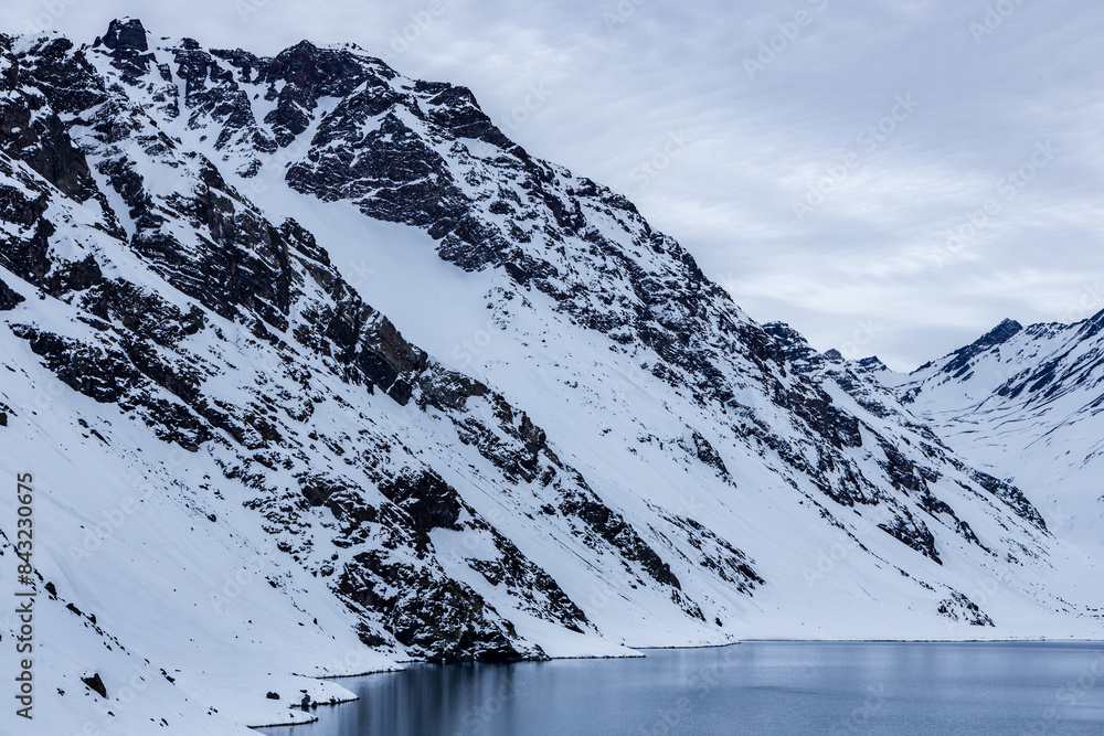 landscape on a freezing day to the Laguna Del Inca lake in the Andes of Chile.
