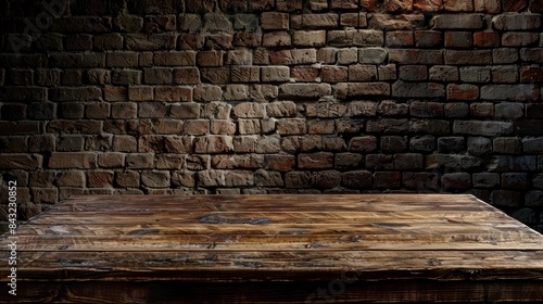 Old wooden table with brick background dark  generative ai
