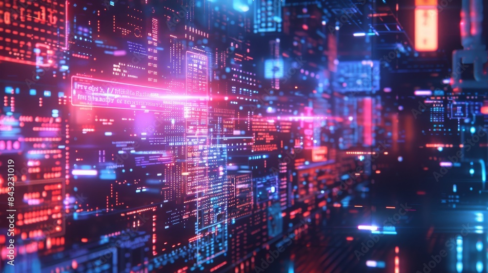 Cyberpunk cityscape with a woman running through neon lights Cyberpunk cityscape with a woman running through neon lights