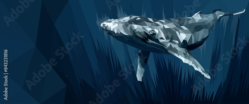 Origami style geometrical blue whale 3D background. Ocean , sea vector illustration