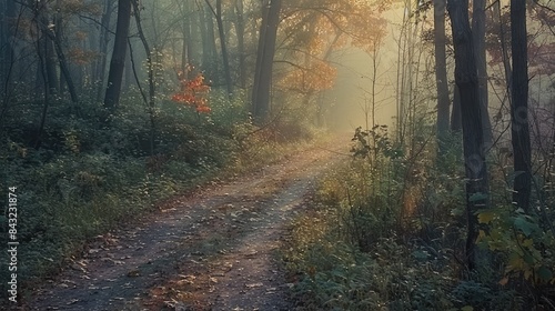 Path through the woods during an early autumn morning