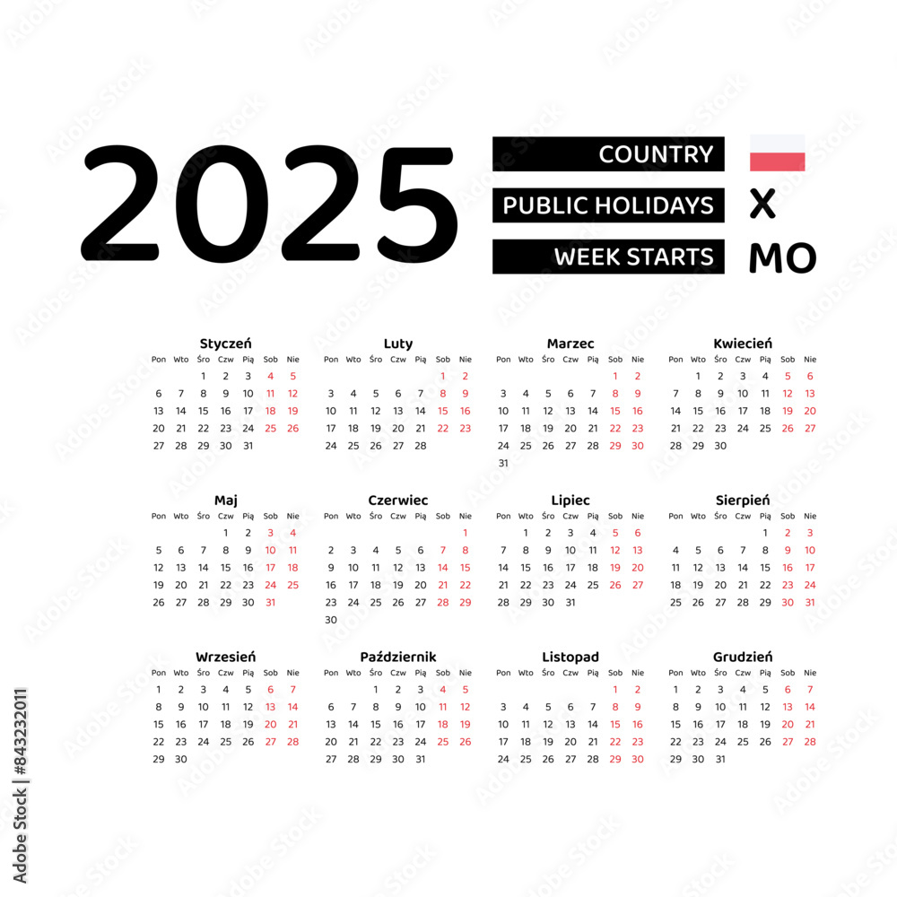 Poland Calendar 2025. Week starts from Monday. Vector graphic design. Polish language. Poland Calendar 2025. Week starts from Monday. Vector graphic design. Polish language.