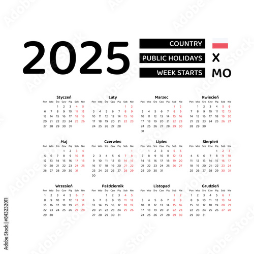 Poland Calendar 2025. Week starts from Monday. Vector graphic design. Polish language.