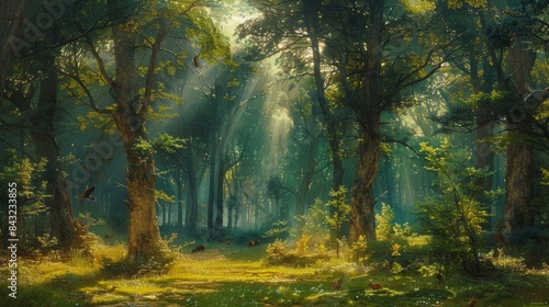 Enchanted forest with sunlight rays for fantasy or nature themed designs © Gulkhanim