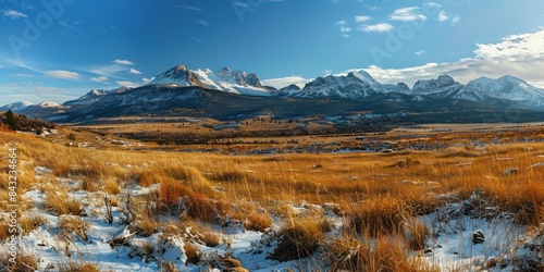 View of a snowy meadow with rocky mountain peaks in the background.