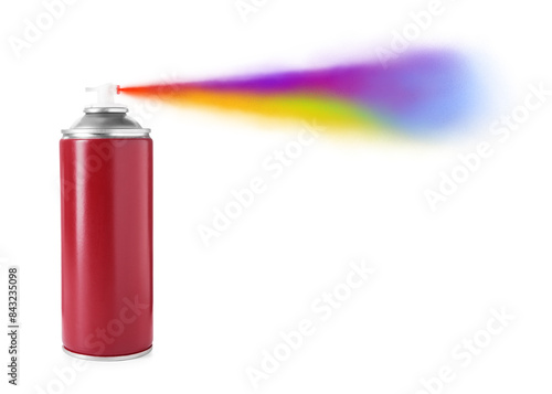 Aerosol can spraying colorful paint isolated on white