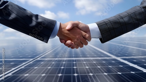 Business Handshake Over Sky On Background Of  Solar Panels Mockup, Handshake, Solar Panel Business, And Environmental Cooperation. Zoom, Men And Employees Collaborate, Get Green, Wide Angle