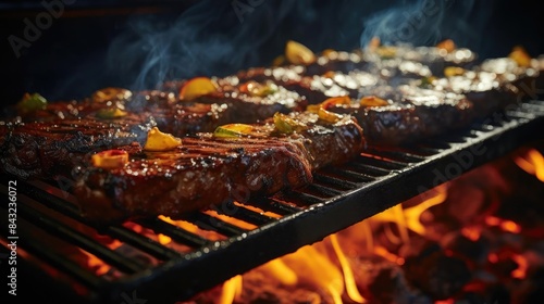 Realistic grilled barbeque with melted barbeque sauce and cut vegetables  black and blur background