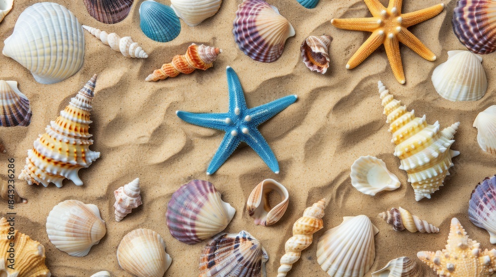 Sandy background with colorful starfishes and seashels. Sandy background with colorful starfishes and seashels.