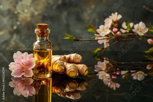 A bottle of essential oil with ginger and flowers placed on a table