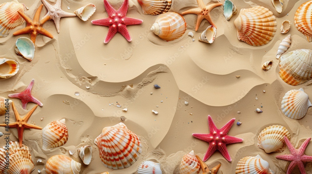 Sandy background with colorful starfishes and seashels. Sandy background with colorful starfishes and seashels.